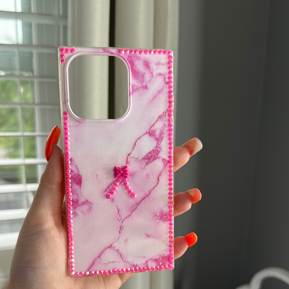 iPhone 14 Pro Pink Marble Phone Case with Bow HAND BEDAZZLED